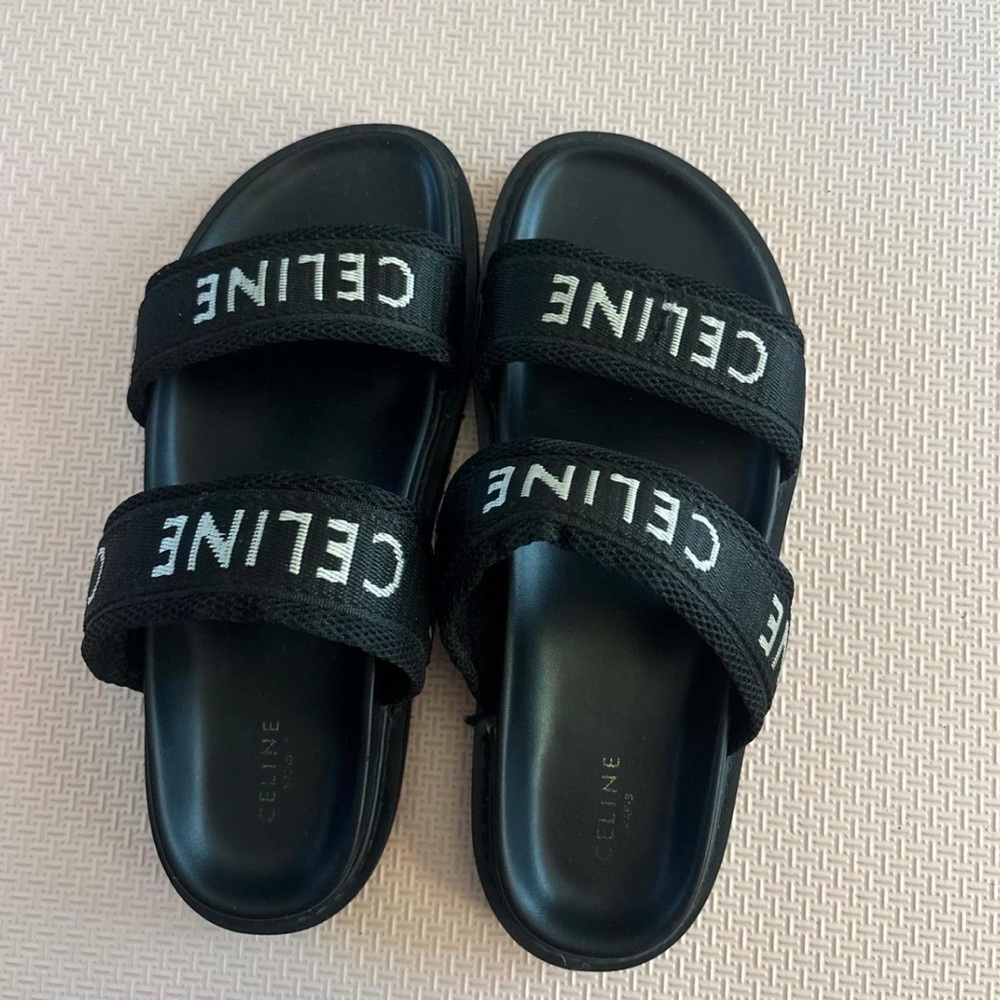 Celine Black womens Slides with White Logo
